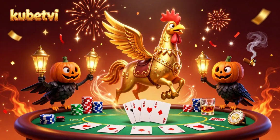 Experience thrilling poker action at kubetvi with a golden rooster in a casino setting illuminated by confetti and fireworks.