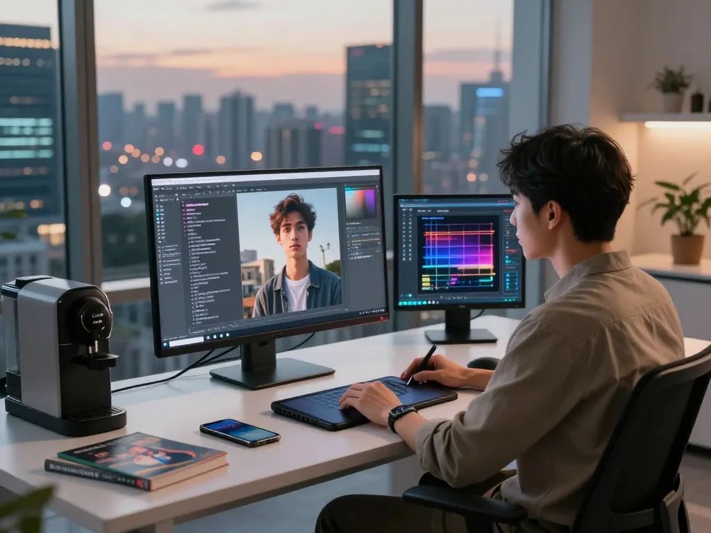 Creating an image to prompt in a modern AI workspace with designer reviewing generated text prompts.