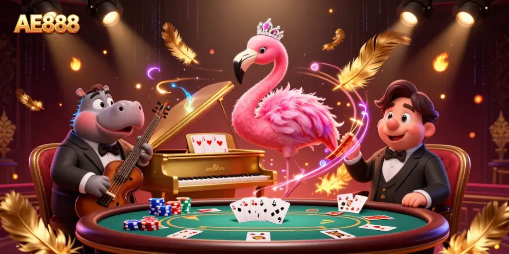 Experience exciting gameplay with AE888 through a vibrant casino scene featuring a flamingo singer and hippo bassist.