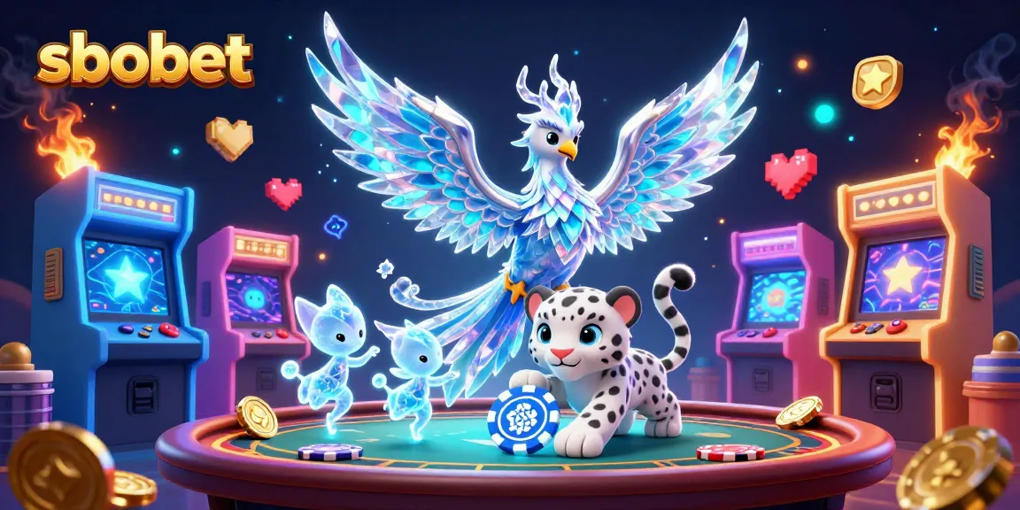 Sbobet showcases vibrant casino magic with a colorful 3D scene featuring an ice phoenix and poker elements.