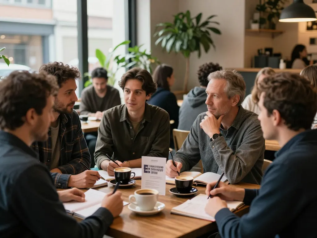 Men engaging in meaningful discussions at a manclub meeting in a cozy café
