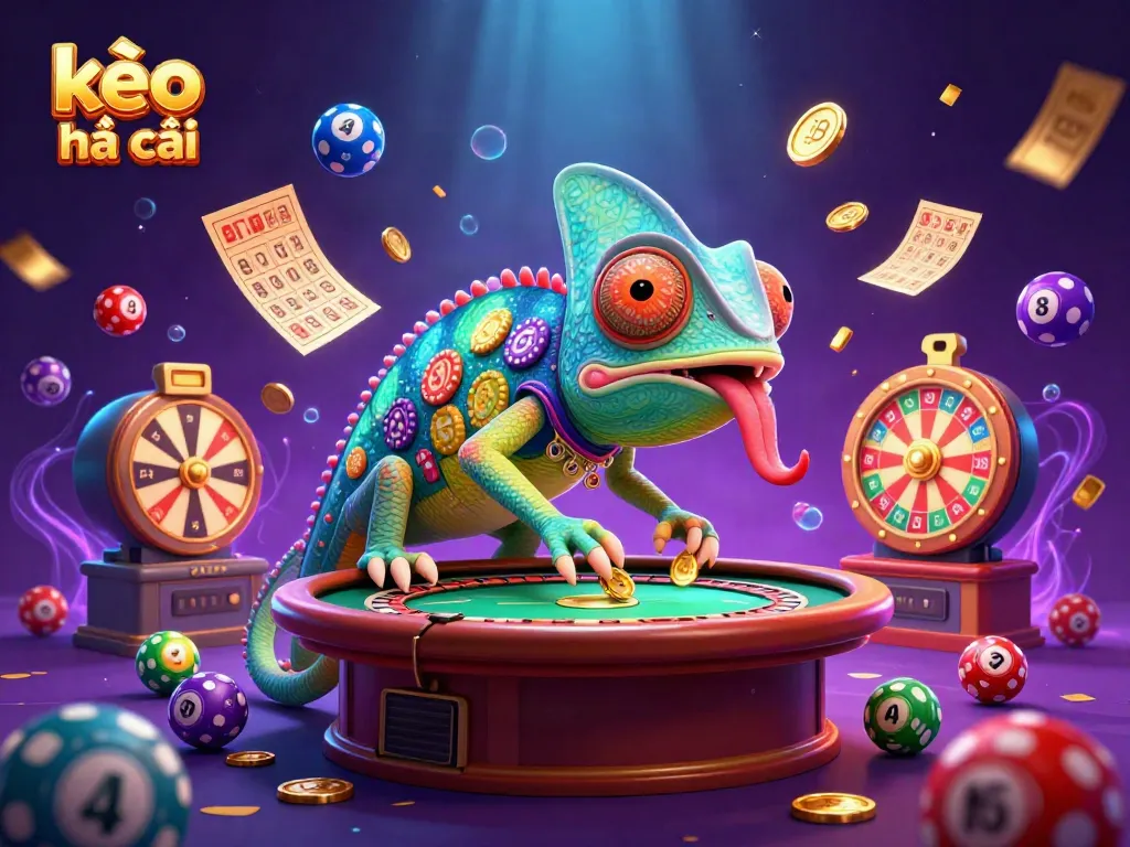 Engage with kèo nhà cái through an animated scene of a chameleon casino owner collecting coins amidst vibrant gaming elements.