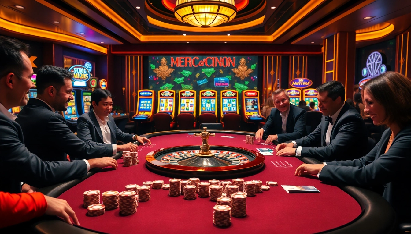 Players enjoying a thrilling poker game at ok365 casino with vibrant slot machines and warm lighting.