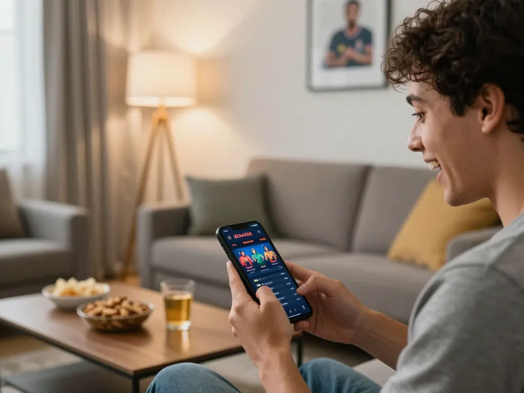 Engaging online sports betting using 8kbetbh app in a cozy home setting with excitement.