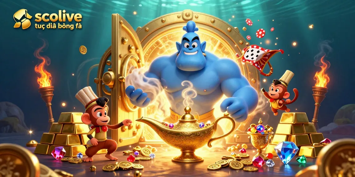 Socolive trực tiếp bóng đá showcases a vibrant 3D illustration of a genie, monkey, and magical elements in a gambling scene.