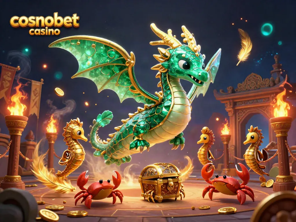 Experience the excitement at Cosmobet Casino with vibrant 3D illustrations featuring a sea dragon and treasure.
