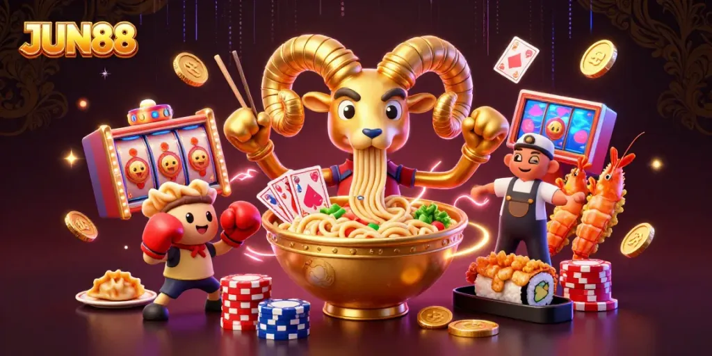 JUN88 lively casino scene illustrating a giant ramen bowl dealer, gyoza sidekick, and colorful game elements.