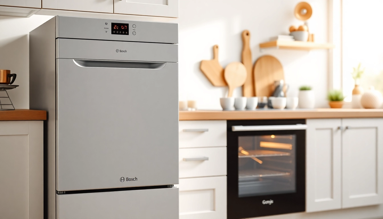Showcase бяла техника in a modern kitchen featuring a Bosch dishwasher and Gorenje oven.