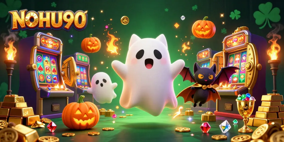 Experience the thrill of NOHU90 with a ghost cat and vampire bat in a vibrant casino adventure.