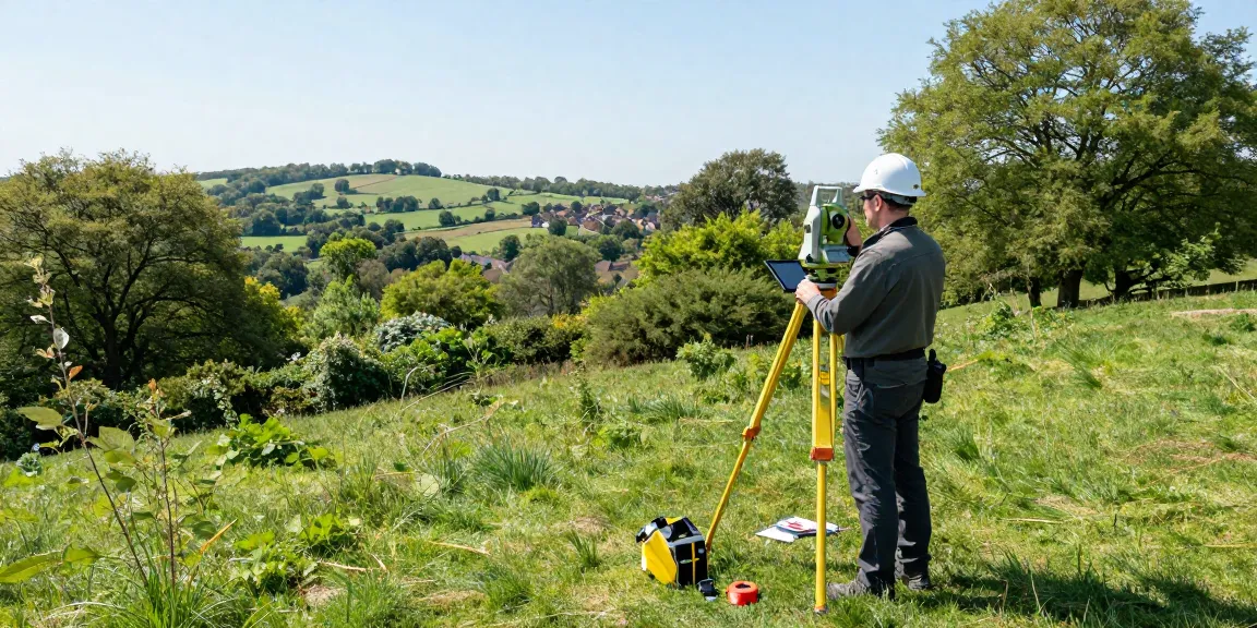 Topographical Survey Surrey with a surveyor using a total station amidst lush greenery.