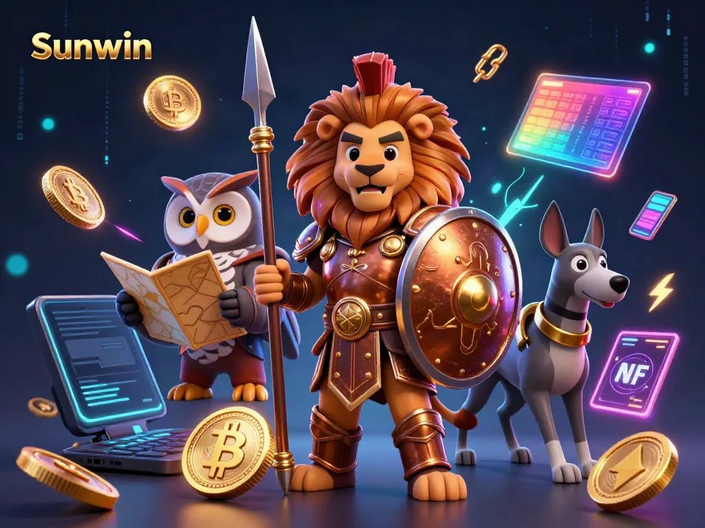 Experience thrilling gaming with Sunwin in a vibrant 3D illustration featuring a heroic lion avatar.