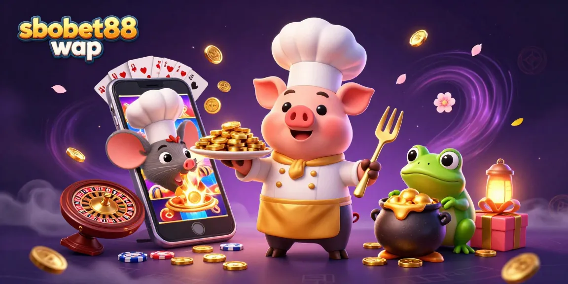 Experience sbobet88 wap with a cheerful 3D scene featuring a pig chef and exciting casino elements.