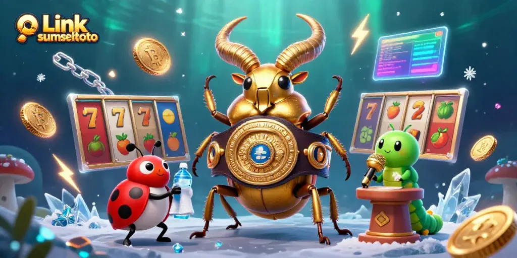 Engage with Link sumseltoto in a vibrant casino scene, featuring a giant beetle and slot game elements.