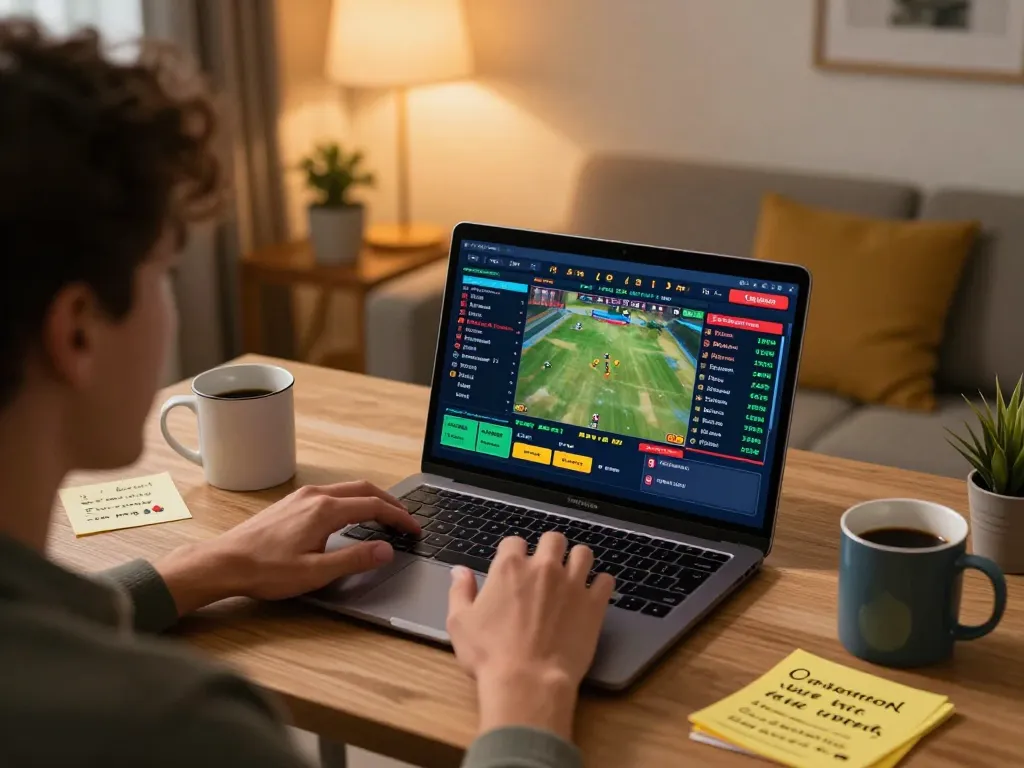 Engaging in sports betting on nk88 at home with a laptop and strategy notes