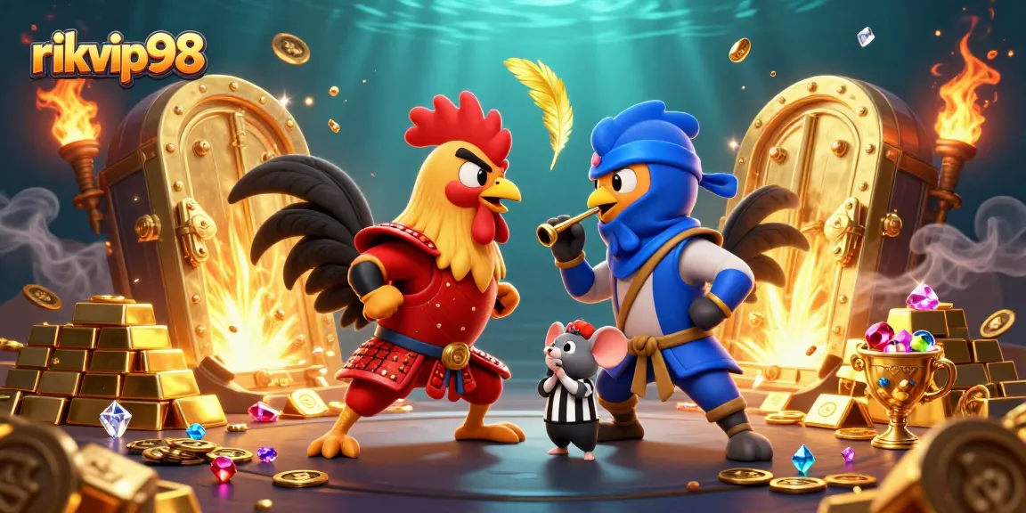 Battle of the roosters at rikvip98 with treasures and dramatic casino elements in a vibrant scene.