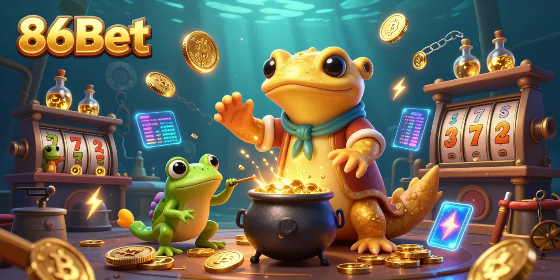Engage with 86Bet's vibrant casino imagery featuring gold coins and a lively alchemy scene.