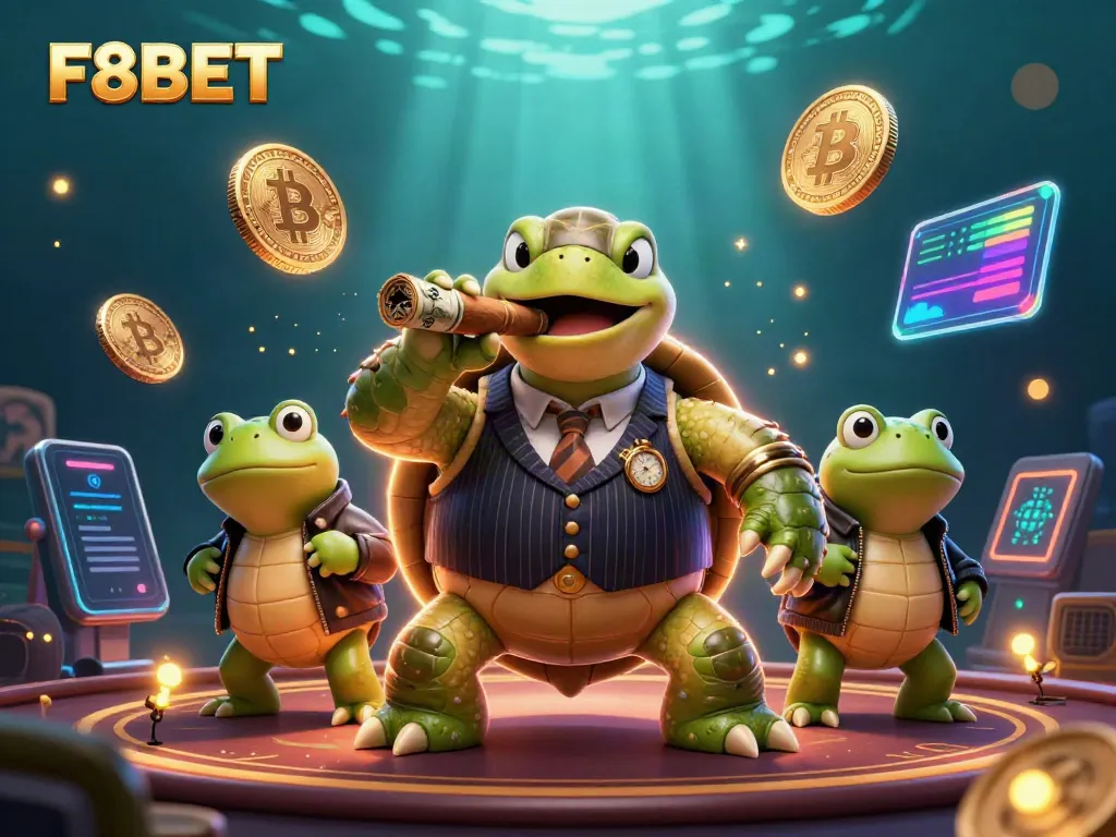 Experience the excitement of F8BET with a dynamic 3D scene featuring unique casino characters and vibrant gaming elements.