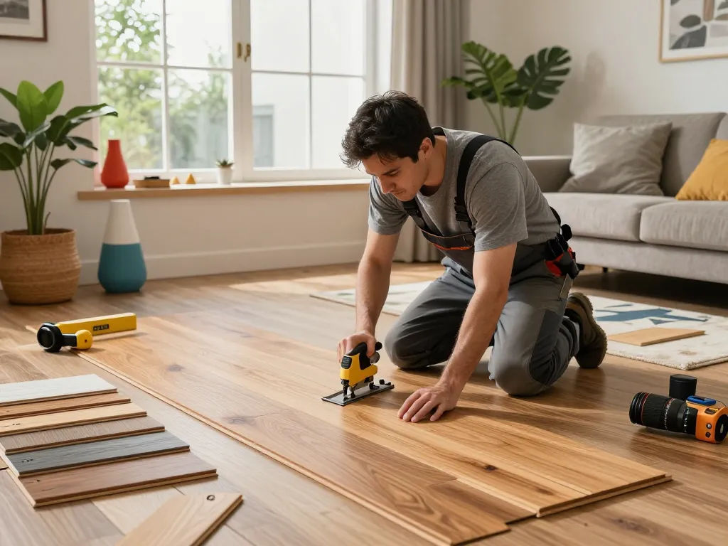 Flooring specialists near me installing hardwood flooring in a stylish home interior.