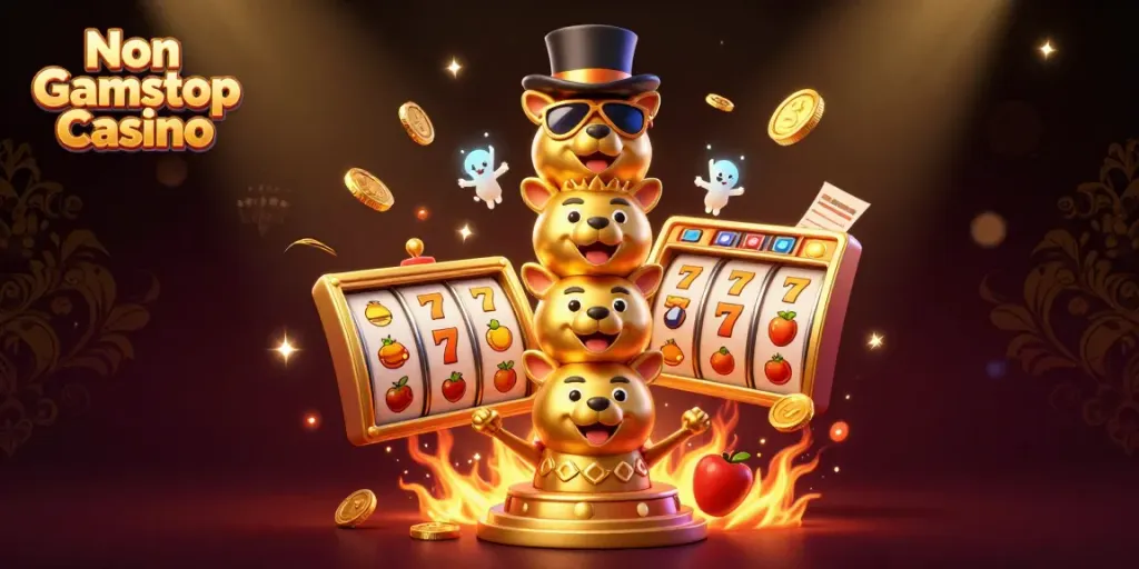 Engage in thrilling games at Non Gamstop Casino featuring vibrant slot reels and energetic casino elements.