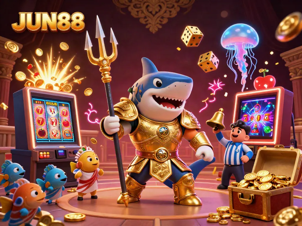 Experience the thrilling JUN88 action with a golden shark gladiator amidst a vibrant casino explosion.