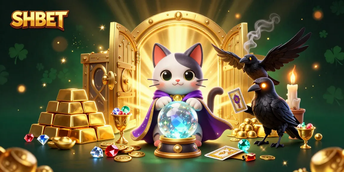 Experience exciting wins with SHBET through a vibrant casino scene featuring mystical characters and treasures.