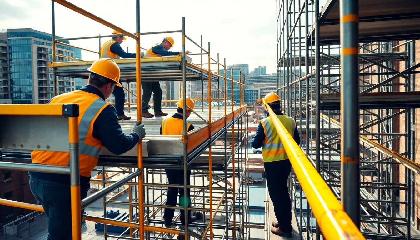 Workers expertly handling caffolding Bolton setup in a vibrant urban scene.