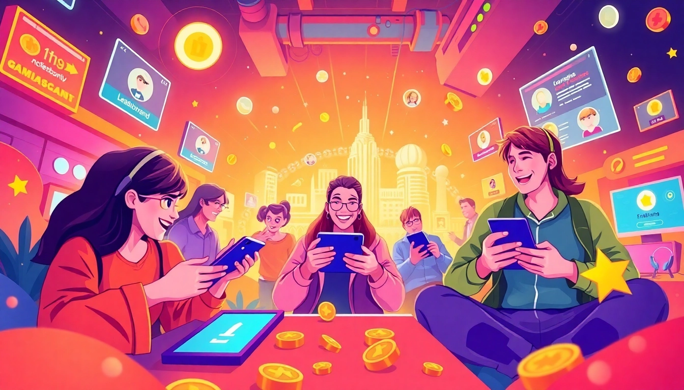 Gamification system interactive elements engaging users in a vibrant gaming landscape.