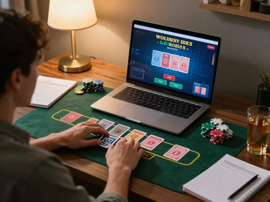 Play blackjack online with gmnc in a cozy home setup, showing strategy notes and a live dealer game.
