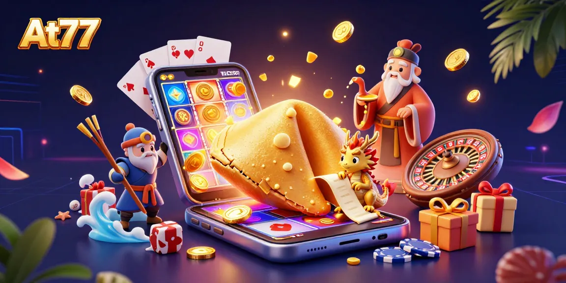 Engage with At77's dynamic online gaming environment showcasing vibrant casino elements like slots and cards.