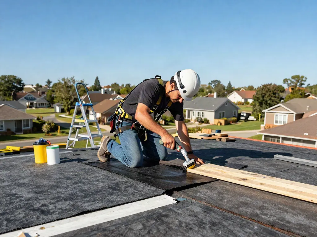 Felt roof replacement by skilled roofer using torch-on method for flat roof.