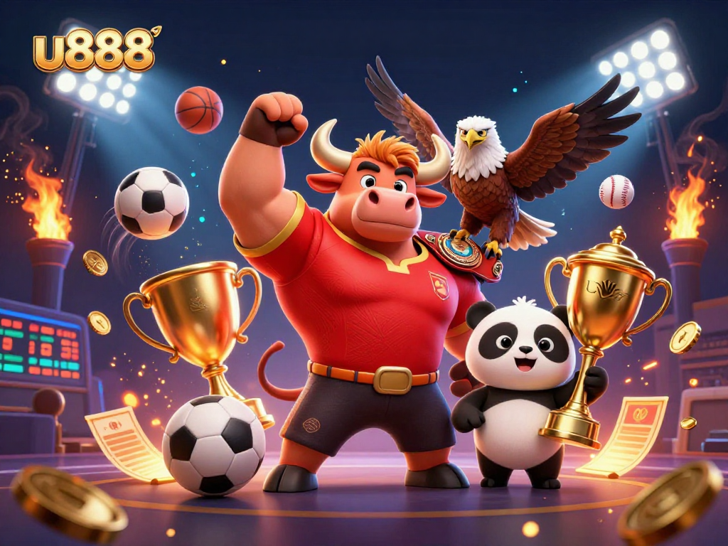 Experience the excitement of u888 with charismatic mascots celebrating victory amidst a lively gambling scene.