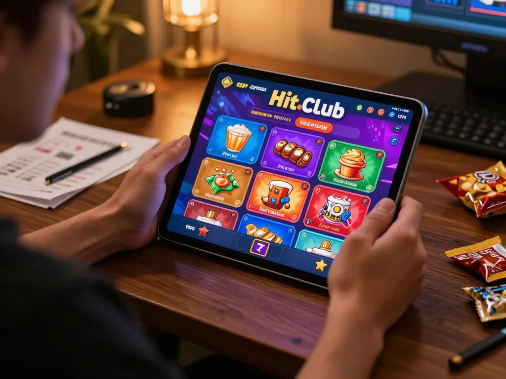 Hitclub player engaging with vibrant casino app interface in a cozy home setup.