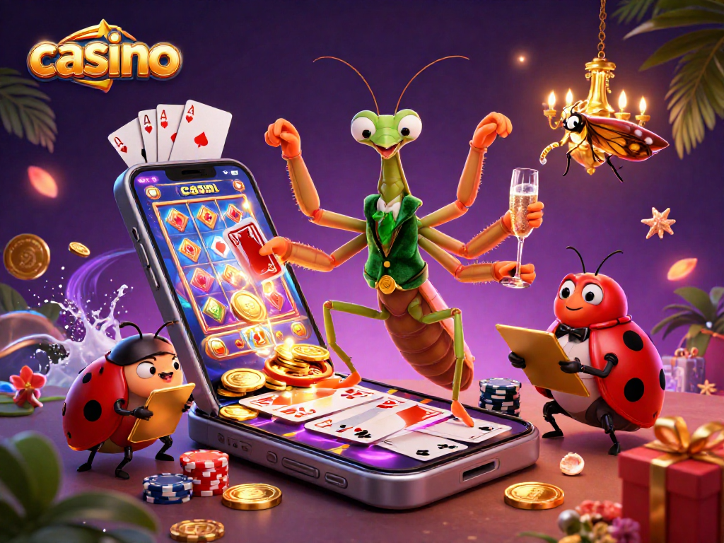 Casino scene with a giant praying mantis card sharp, vibrant slot game visuals, and a ladybug pit boss.