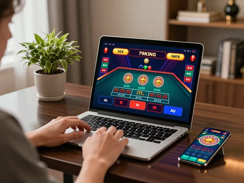 Engaging in a live roulette game on 79KING casino app from a stylish gaming setup
