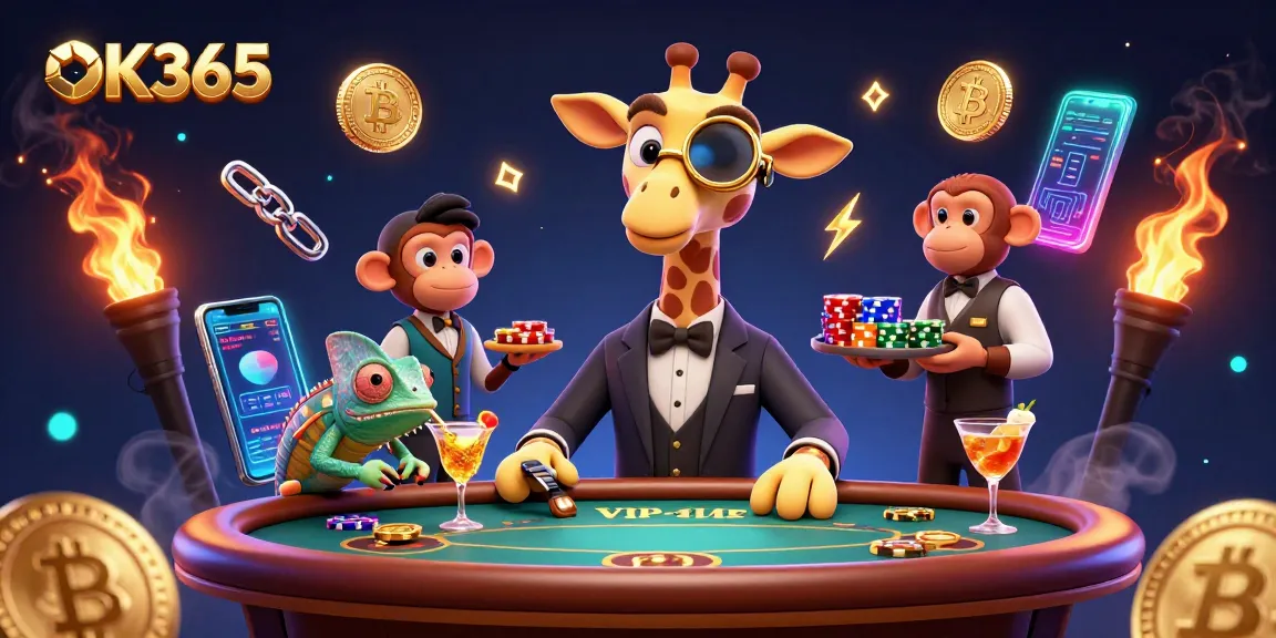 Engage in online gaming adventures with OK365, featuring vibrant casino elements and characters.