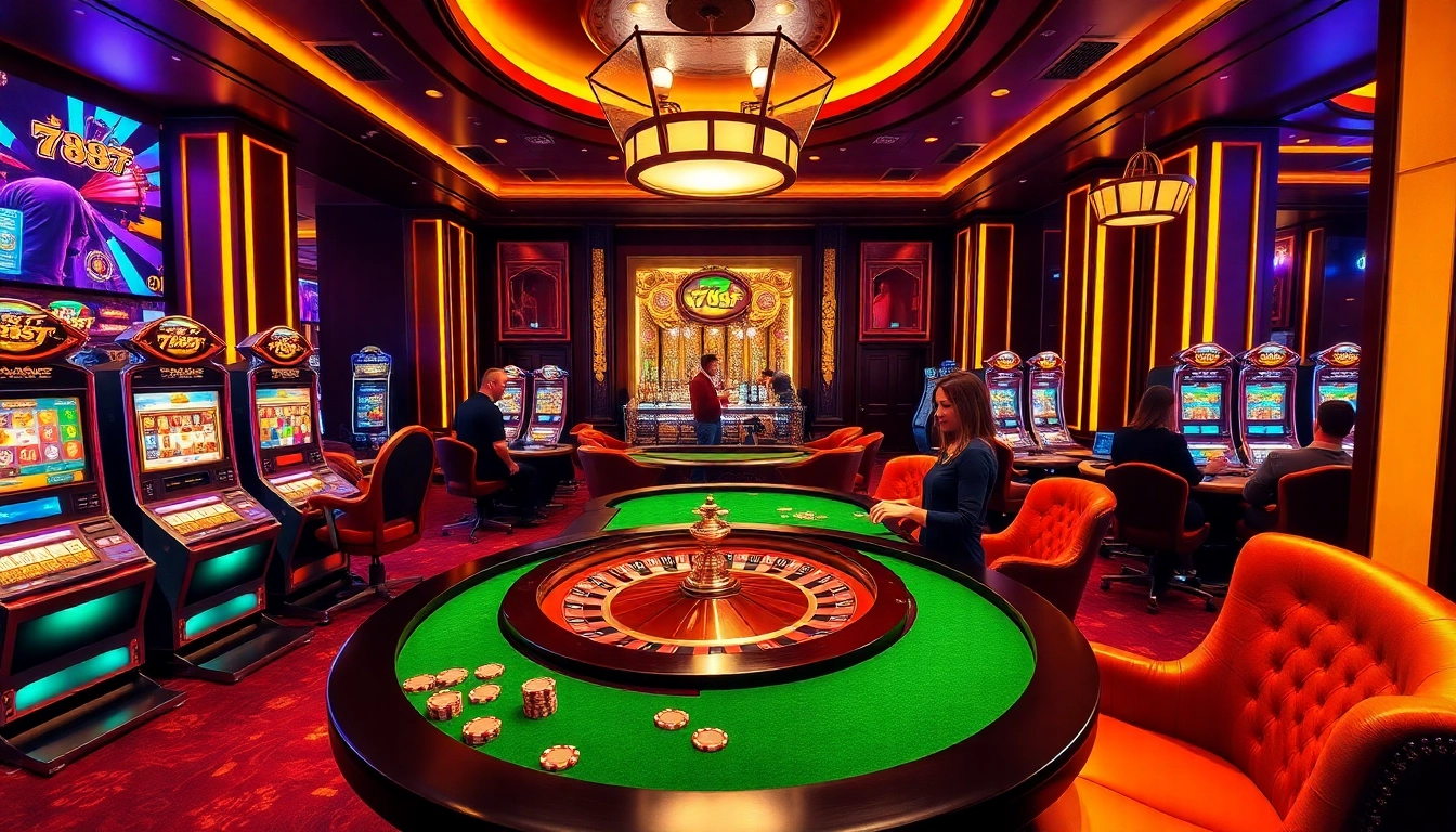 Players enjoying high-stakes action at the 789f casino, featuring roulette and vibrant slot machines.