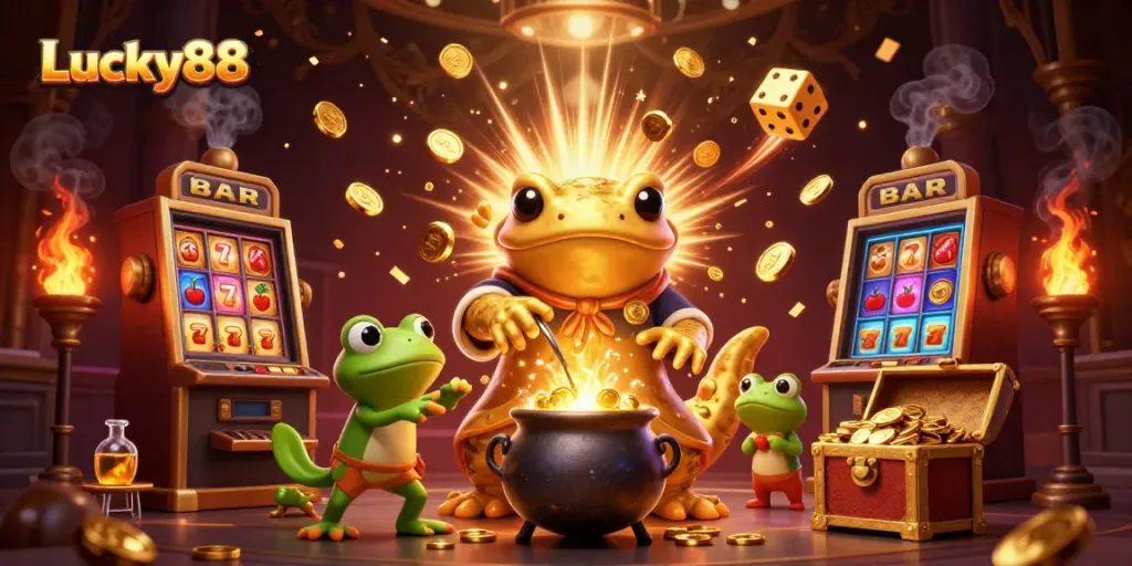 Experience the thrill of winning at Lucky88, with colorful slot machines and golden rewards bursting forth.