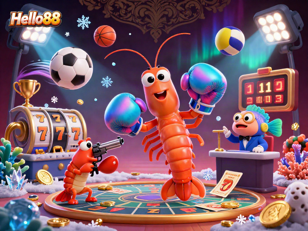 Hello88 casino illustration featuring a dynamic scene with cartoon characters and slot game elements.