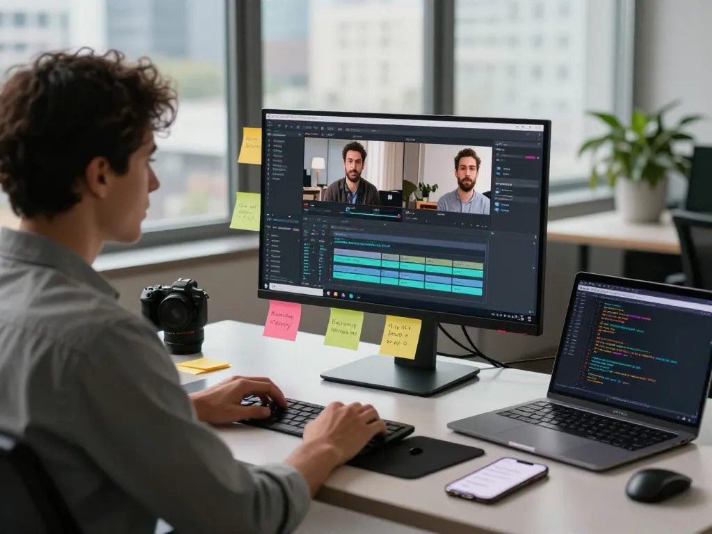Professional analyzing video to prompt in a modern workspace with high-tech tools and collaborative environment.
