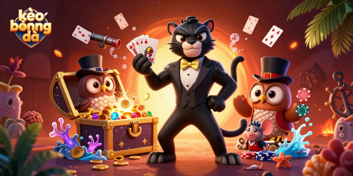Engage with kèo bóng đá while playing cards in a lively 3D casino scene featuring vibrant characters.