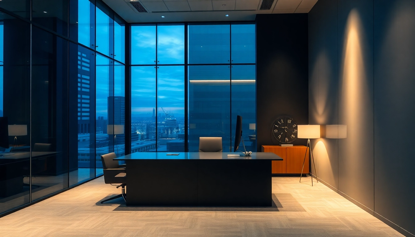 View of a corporate law firm office showcasing modern design and professional ambiance.