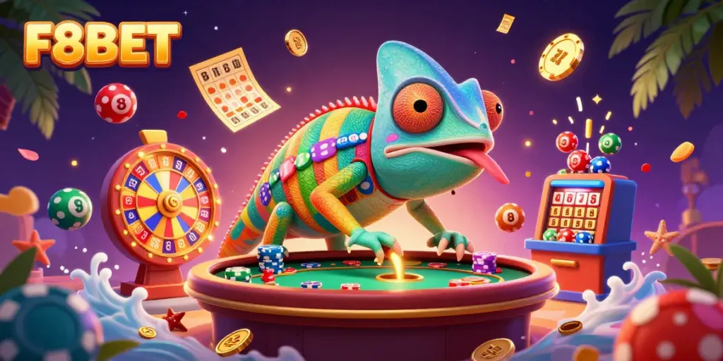 Engage and win on F8BET with vibrant casino games featuring a colorful chameleon and dynamic lottery elements.