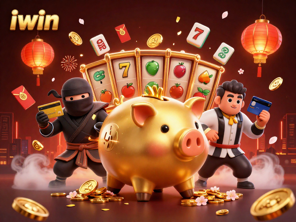 Engage with the dynamic iwin scene featuring a golden piggy bank sumo wrestler and thrilling casino elements.