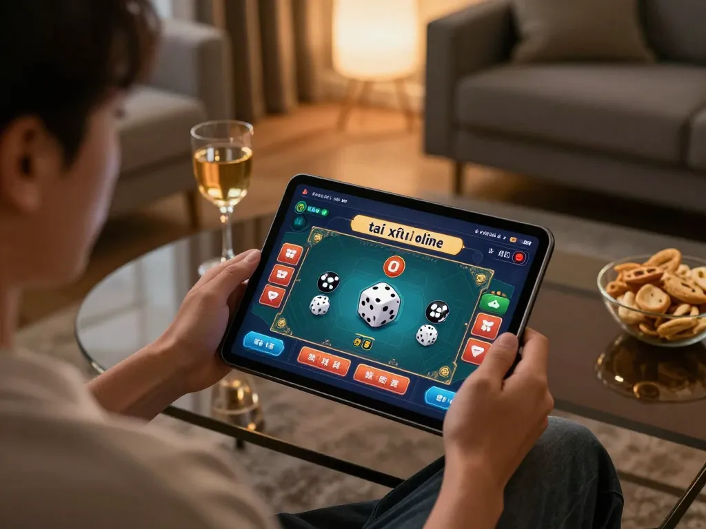 Engaging in tài xỉu online with a vibrant game interface on a tablet in a cozy home setting.