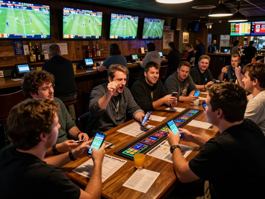 Sports enthusiasts placing bets via keonhacai app amidst live game displays in a vibrant sports bar.