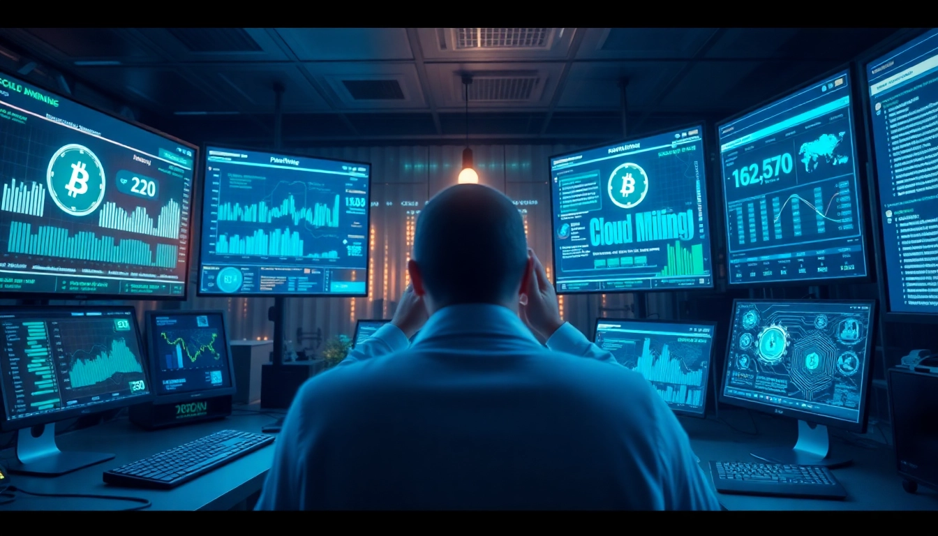 Cloud mining workspace featuring digital interfaces and cryptocurrency data analysis in a modern setting.