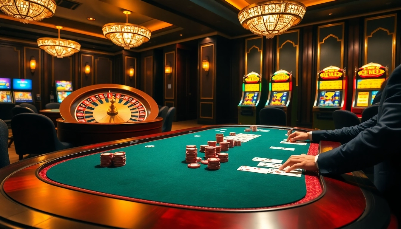 Khela88 exciting gambling atmosphere with elegant poker table, roulette, and slot machines.