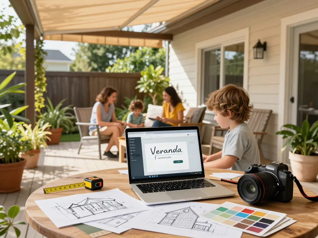 Engaging family using a veranda configurator to design their outdoor space with customized features and vibrant plants.