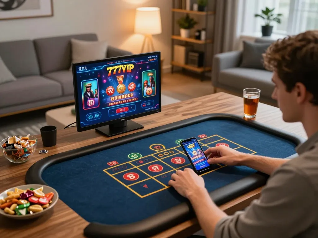 Engaging moment of a player wagering on 777VIP's mobile app in a cozy home setting