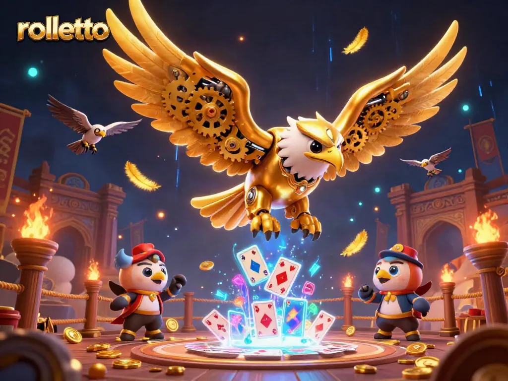 Experience rolletto's gaming thrill with a cybernetic eagle amidst holographic cards.